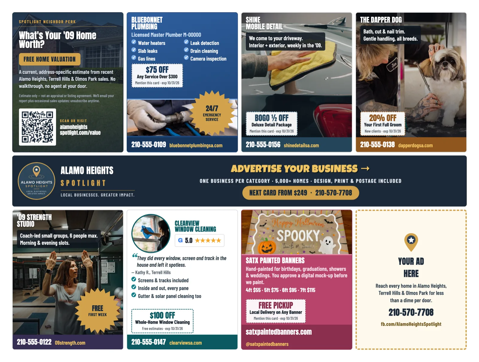 The back of an Alamo Heights Spotlight card, showing eight ad slots